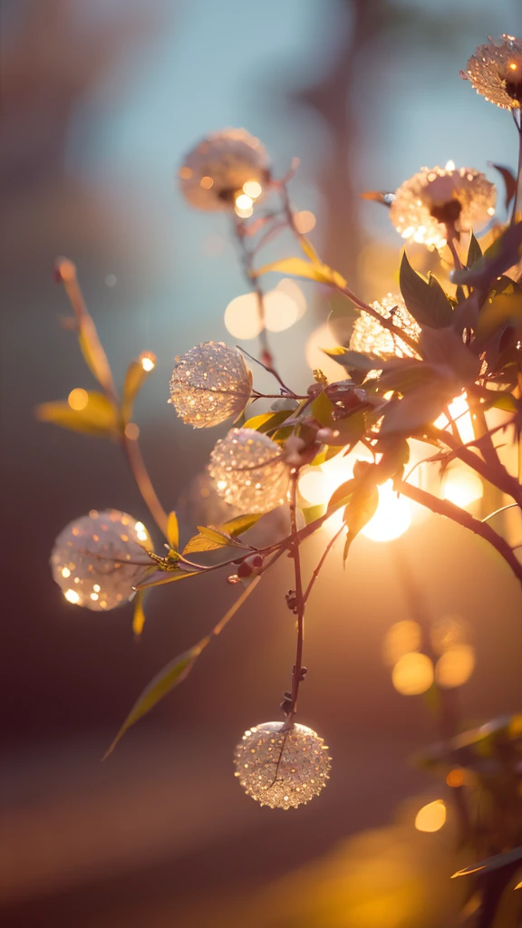 Summer Dream，Translucent leaves，Dreamy lighting，The scattered water drops float in the air and sparkle in the sun，HD，Details，Best quality