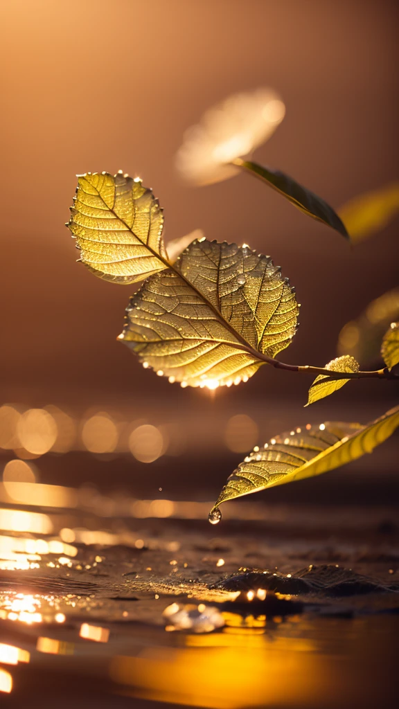 Summer Dream，Translucent leaves，Dreamy lighting，The scattered water drops float in the air and sparkle in the sun，HD，Details，Best quality