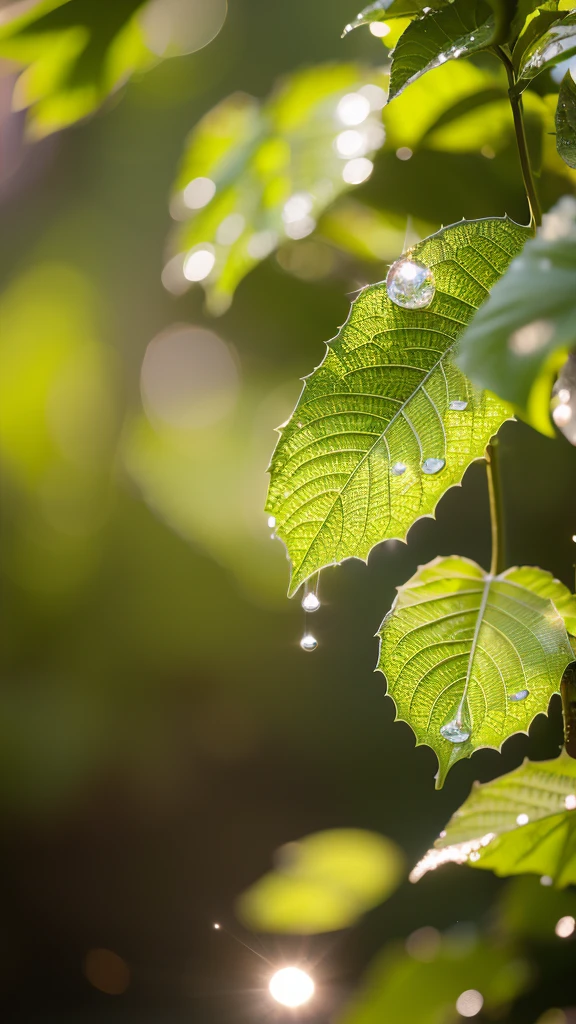 Summer Dream,Translucent leaves,Dreamy lighting,The scattered water drops float in the air and sparkle in the sun,HD,Details,Best quality