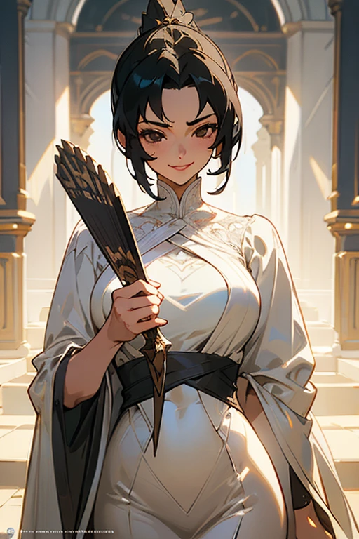 a serious girl in a silver gown, short black hair, brown eyes, beautiful detailed eyes, beautiful detailed lips, extremely detailed face and eyes, holding paper fan, midday lighting, serious grin, sexy pose, 8k, hyper detailed, masterpiece, cinematic lighting, dramatic, elegant, stylish, fashion photography