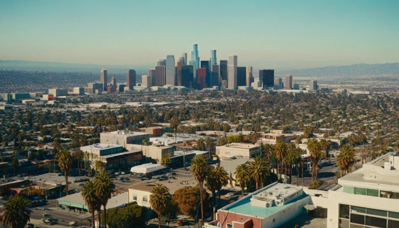 The cinematic traversal camera captures a skyline view of Los Angeles, California in 3060 morning time.The camera is travelling through above the ocean and the bustling streets of the dysoptian futuristic megacity there are different styled buildings : many different colored materialed and shaped complex constructioned houses and skyscrapers in the background, bustling city with highly intricate details and photorealistic materials.Photorealistic Reflections.Natural lights, neutral colors, lomochrome,dramatic, dynamic composition. Consistent structure of the buildings, static environment,consistent movement of the camera.Contrast lighting, volumetric lighting, best shadows,sharp focus, depth pf field, Realism, Cinematic, Photoreal,Panavision 70s movie styled in color, celluloid, uhd, hdr, 4k, 35mm film Screengrab a 1950s Super Panavision 70 film, in color. Best shadows, best quality. Lifelike textures, sharp focus, depth of field, realism, photorealism, vintage color tones, cinematic lighting, contrast lighting, soft front light, insanely intricate details, hdr, uhd, 8k, 35 mm film, analog camera shot.