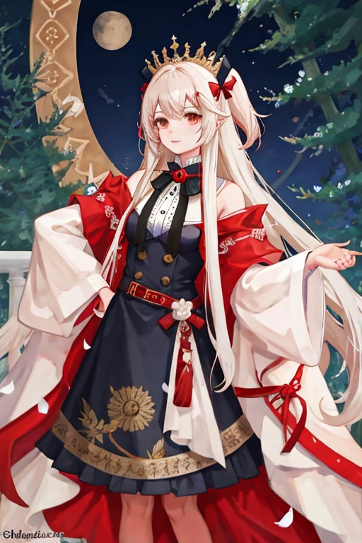 ((best quality)), ((masterpiece)), (detailed) ((detailed face)) , 1girl, long white hair, with a red tint on bangs, long hair tail. Formal outfit