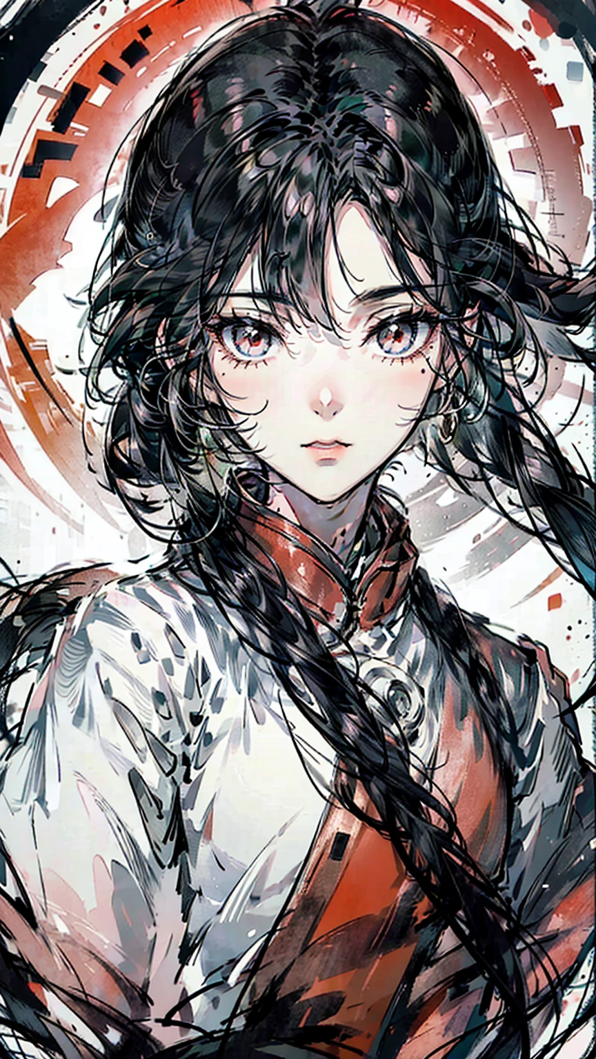 Mature girl, black hair, floating hair, delicate eyes, red pupils, black and red antique damask hanfu, FOV, f1.8, masterpiece, complex scene, gorgeous portrait shot