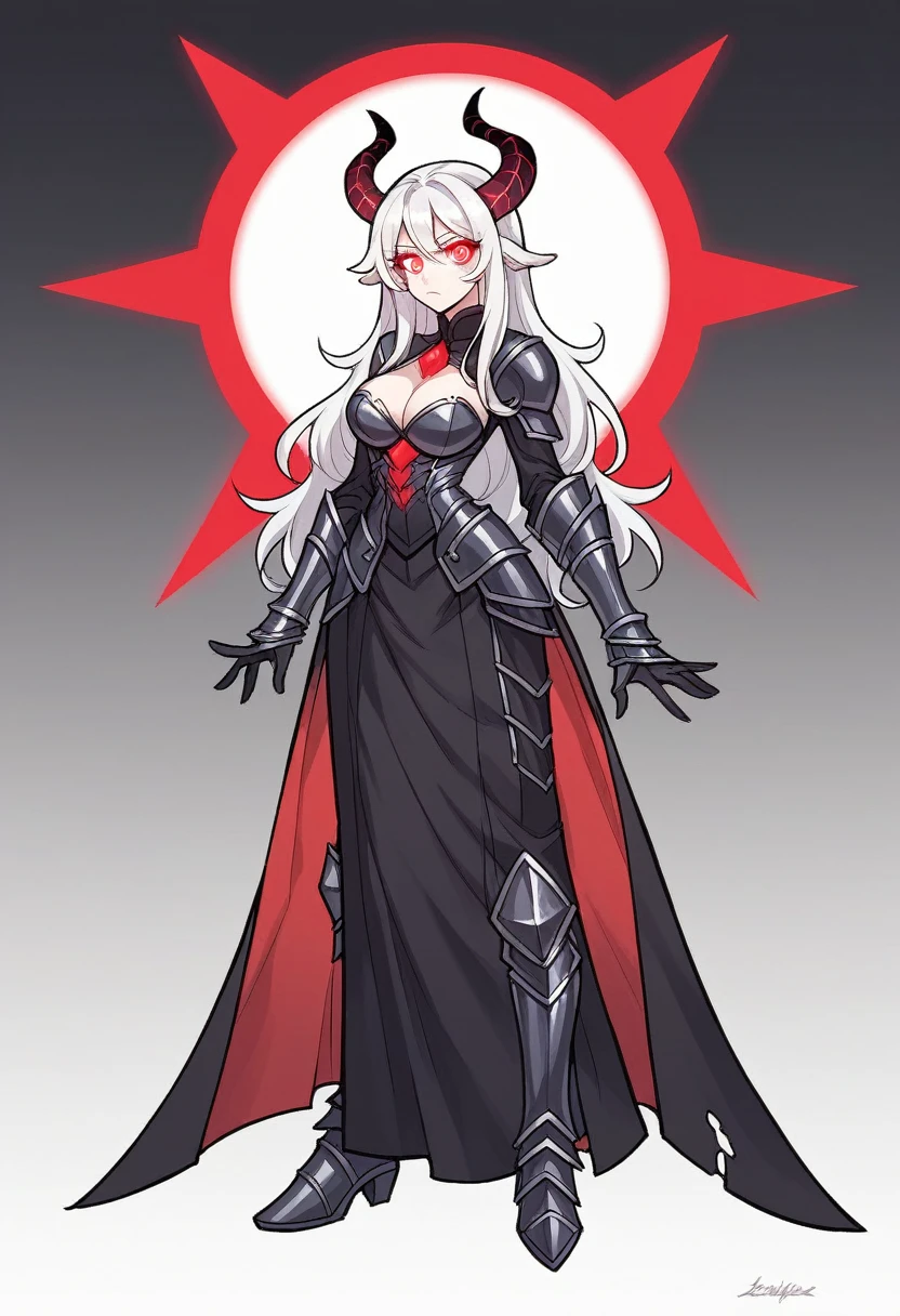 Create a highly detailed anime-style illustration of Noa, a young girl with long white hair, glowing red eyes with dragon-like pupils, and large goat-like horns with red patterns. She has a large bust and wears a gothic-style outfit with a black base and red decorations, featuring a long skirt with geometric patterns and an open chest area. She also has black armored boots that cover her knees. Her hair is voluminous, straight, and silver, with a shiny texture. She is in a [specific pose or scene], with a [background description]. The illustration should feature sharp lines (line thickness of 0.5px), vivid colors, and strong contrasts. The shading should be strong with a 70% opacity to provide a realistic three-dimensional look. The style should be smooth and vibrant anime art, matching the style seen in the reference images, with particular attention to the intricate details and high contrast of colors.