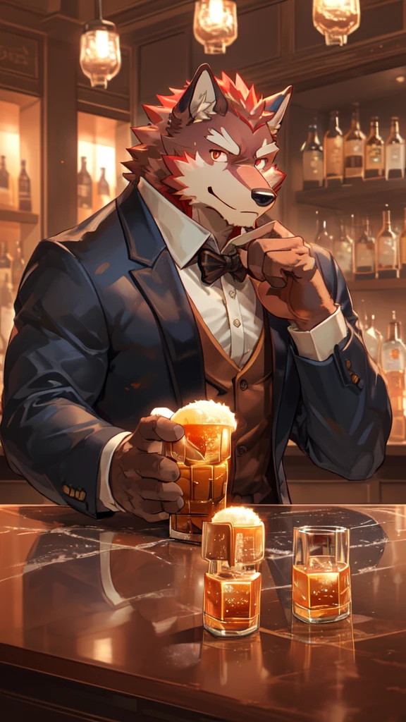 Best quality, diederich olsen (/knights college/), wolf, kemono, nj5furry, Red Fur, Red eyes, Medium Muscular Body, Solo, A charming bartender, elegant Pose, suit, Fierce eyes, Smille, a dimly lit bar, (meticulously garnishing aged whisky in highball glass:1.5), behind the counter, full body