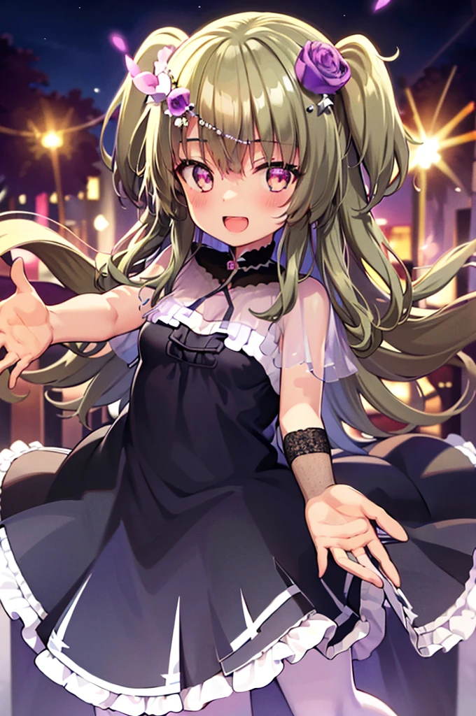 Himari Mei, masterpiece, , cute, flat chest, cute and shy smile, highly detailed sparkling brilliant purple eyes, open mouth slightly, standing in summer night,black dress, perfect body, detailed hands, detailed fireworks in the sky, outstretched arms for viewer, full body, five fingers