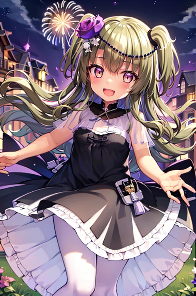 Himari Mei, masterpiece, , cute, flat chest, cute and shy smile, highly detailed sparkling brilliant purple eyes, open mouth slightly, standing in summer night,black dress, perfect body, detailed hands, detailed fireworks in the sky, outstretched arms for viewer, full body, five fingers