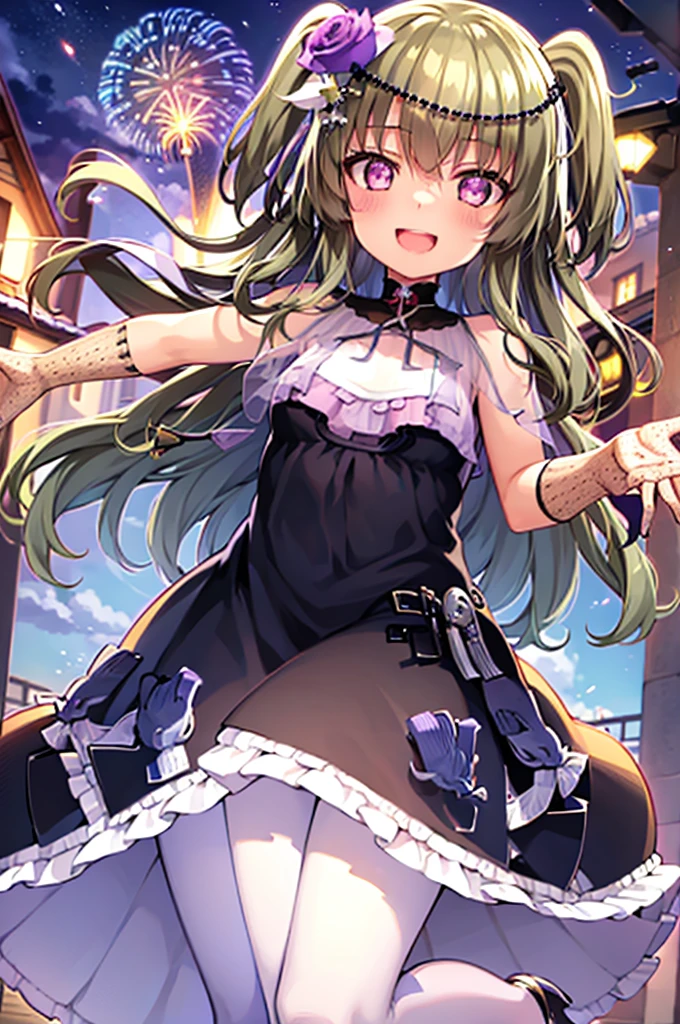 Himari Mei, masterpiece, loli, cute, flat chest, cute and shy smile, highly detailed sparkling brilliant purple eyes, open mouth slightly, standing in summer night,black dress, perfect body, detailed hands, detailed fireworks in the sky, outstretched arms for viewer, full body, five fingers
