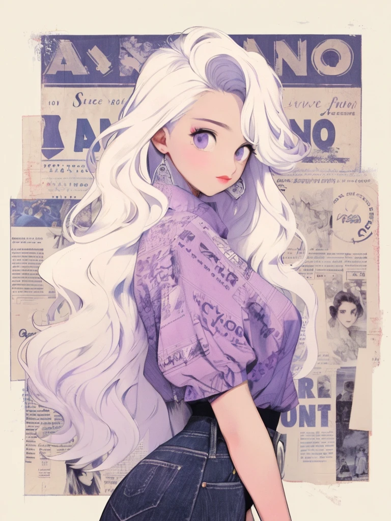 Anime girl with long white hair and purple shirt standing in front of the newspaper, Retro anime girl, Perfect white haired girl, white haired Cangcang, Girl with white hair, Ross Tran style, ilya kuvshinov with long hair, white haired lady, Anime style illustration, In the style of Ross Tran, trending on artstration, anime graphic illustration, ross tran!!!