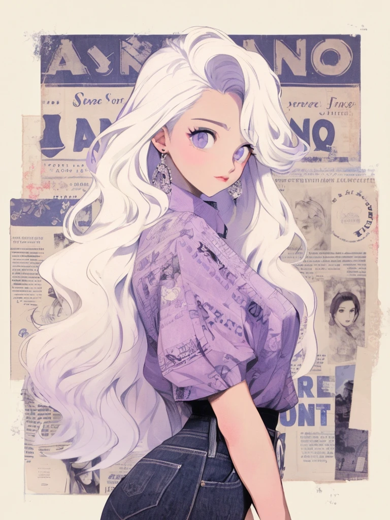 Anime girl with long white hair and purple shirt standing in front of the newspaper, Retro anime girl, Perfect white haired girl, white haired Cangcang, Girl with white hair, Ross Tran style, ilya kuvshinov with long hair, white haired lady, Anime style illustration, In the style of Ross Tran, trending on artstration, anime graphic illustration, ross tran!!!
