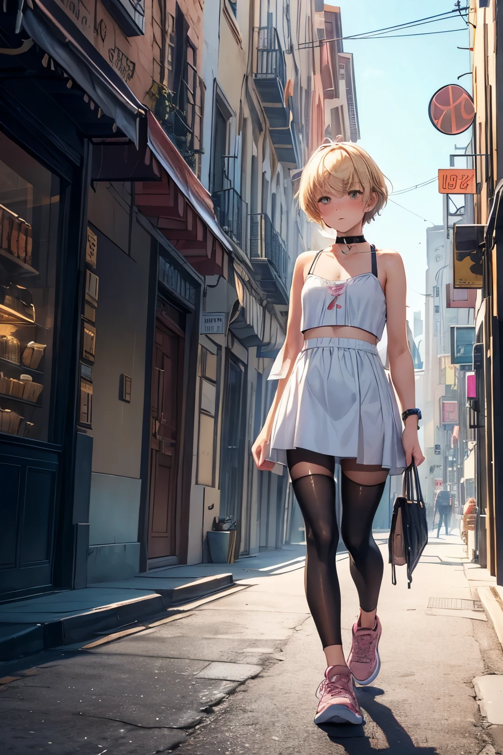 best quality,ultra-detailed,((background:outside street1,8)),(walking in the street),(cowboy shot),((one boy)),((fem boy)),((trap)),((bulge)),black-choker,((blonde short hair)),((man’s face1,8)),((dress up as a woman)),((blush)),((flustred)),((poor chest)),((flat chest)),(sports bra),(short length leggings),(loose-socks),(sneakers),vibrant colors,soft lighting,