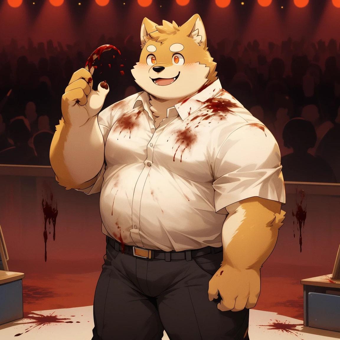 masterpiece, best quality, 8k resolution, Very detailed, hairy，Shiba Inu，(Black hair)，(((golden fur)))，(((Blood red eyes)))，Chubby，Chubby face，(((White shirt)))，(((Loose shirt)))，((Black pants))，(((For the audience)))，Highest quality scene，(((Solitary)))，(((solitary)))，portrait，((Hand drooping normally))，((night))，((bloody))，(((Facing the audience)))，(((The eyes are empty)))，(((Round face)))，(((Smiling evilly)))，(((Blood all over)))，(((Standing)))，(((classroom)))，(((dark)))