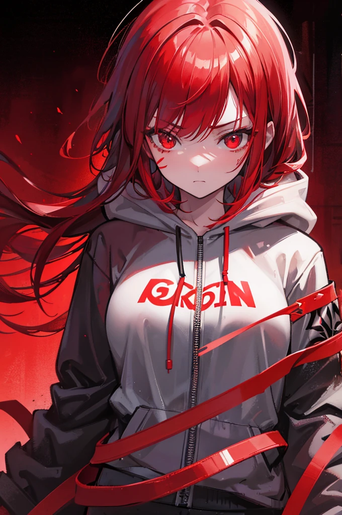 1girl, red hair, red pupils, red hoodie, wearing the hood, jean shorts, dark alley background, japanese graffiti background, red led background, detailed face, high quality, 8k, photorealistic, dramatic lighting, cinematic, neon lights, moody atmosphere, cyberpunk aesthetic, hyper-detailed