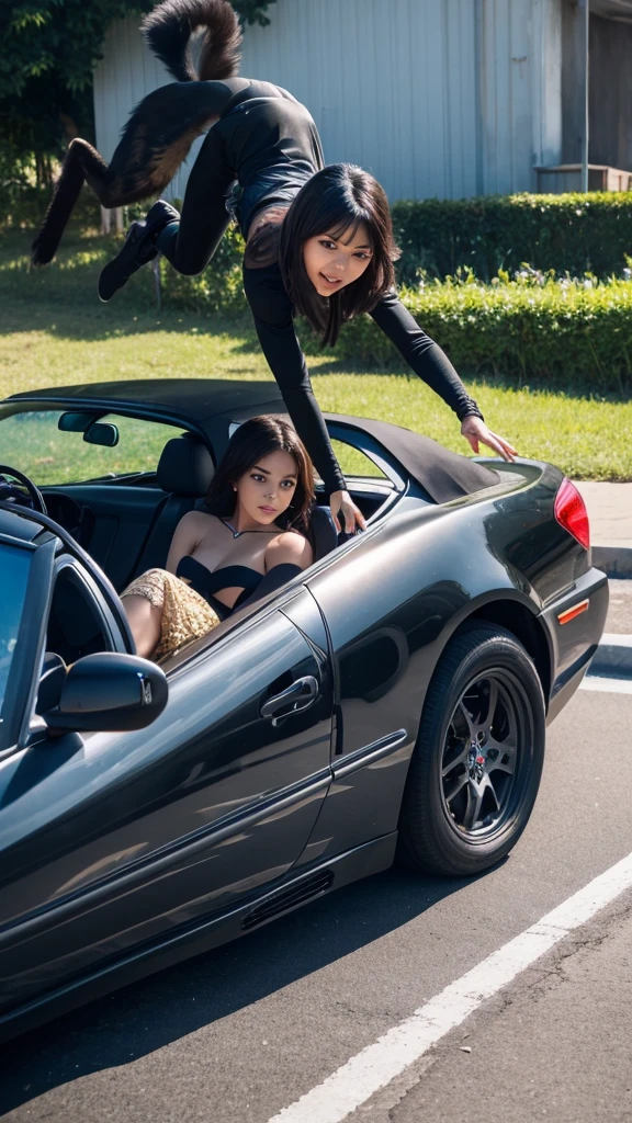 A beautiful girl transformed into a Black Panther jumps onto an overturned car