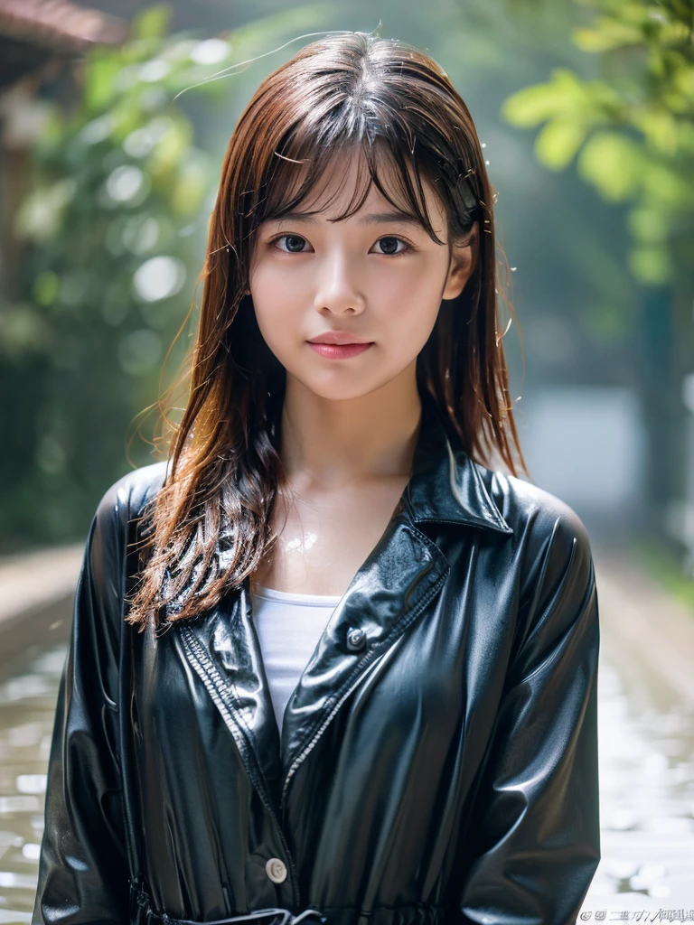 Wet roads ,drenched, Dripping, Wet Face,Wet clothes, Wet Skin, Wet Hair,A young woman with a cute face like an idol,chest,((Daytime)),(Natural light),(High level of artistry),(Artistic),RAW Photos,Genuine,Genuine,High resolution,RAW Photos,masterpiece, beautiful