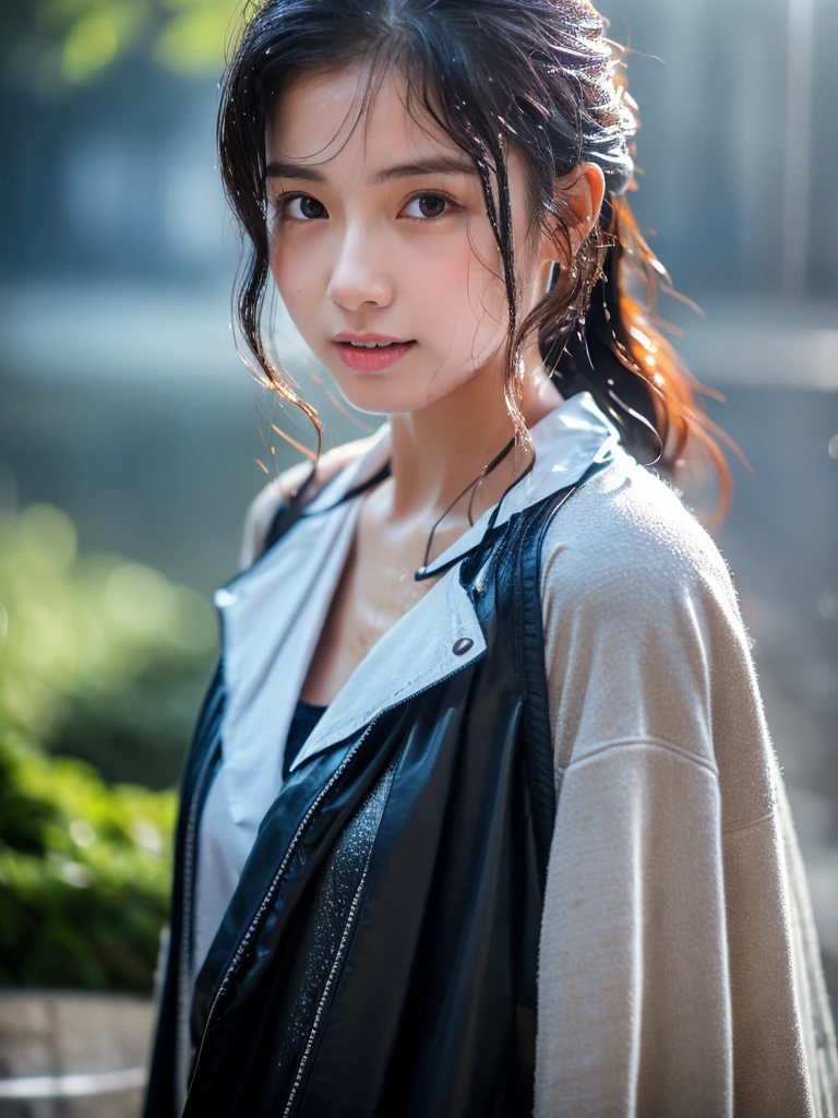 Wet roads ,drenched, Dripping, Wet Face,Wet clothes, Wet Skin, Wet Hair,A young woman with a cute face like an idol,chest,((Daytime)),(Natural light),(High level of artistry),(Artistic),RAW Photos,Genuine,Genuine,High resolution,RAW Photos,masterpiece, beautiful