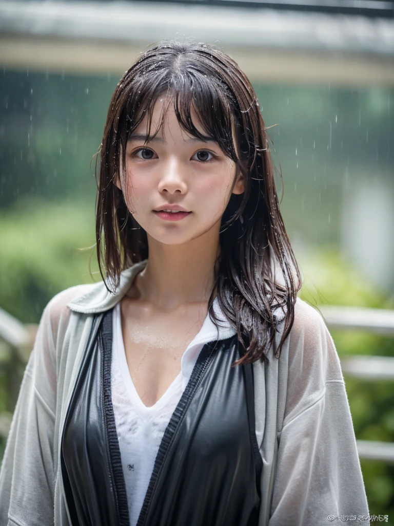 Wet roads ,drenched, Dripping, Wet Face,Wet clothes, Wet Skin, Wet Hair,A young woman with a cute face like an idol,chest,((Daytime)),(Natural light),(High level of artistry),(Artistic),RAW Photos,Genuine,Genuine,High resolution,RAW Photos,masterpiece, beautiful