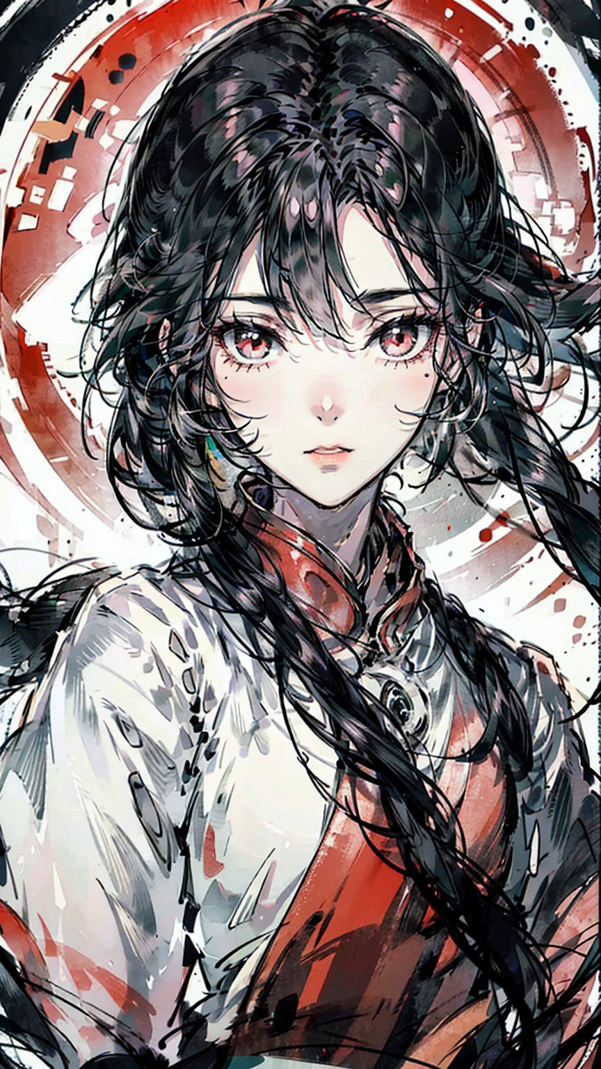 Mature girl, black hair, floating hair, delicate eyes, red pupils, black and red antique damask hanfu, FOV, f1.8, masterpiece, complex scene, gorgeous portrait shot