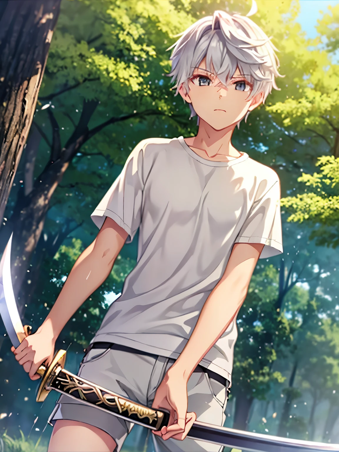  1boy, solo, male focus, lugh_tuatha_de, grey hair, grey eyes, short hair, hair between eyes, bangs, Short white t-shirt, white shorts, standing in the park, holding a sword, camera angle from below, swinging the sword at the viewer