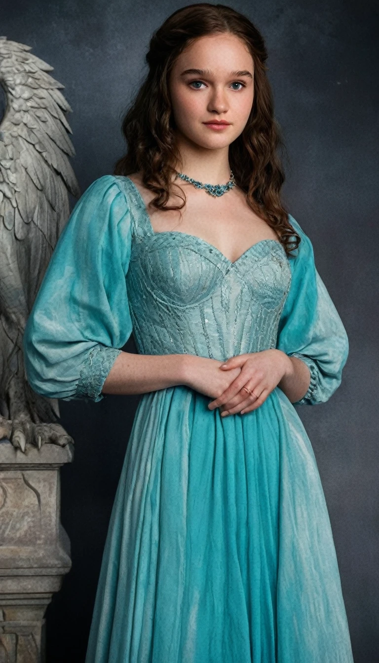 An illustrated movie poster, hand-drawn, full color, a Westerosi teenage Emma Myers, wearing a regal dress, bimbo, warm brown complexion, freckles, turquoise eyes, dark hair, long loose curls, waist-length hair, posing on a pedestal, hard shadows, graphite shading, stencil marks, airbrushed acrylic paint, masterpiece, in the style of Game of Thrones 