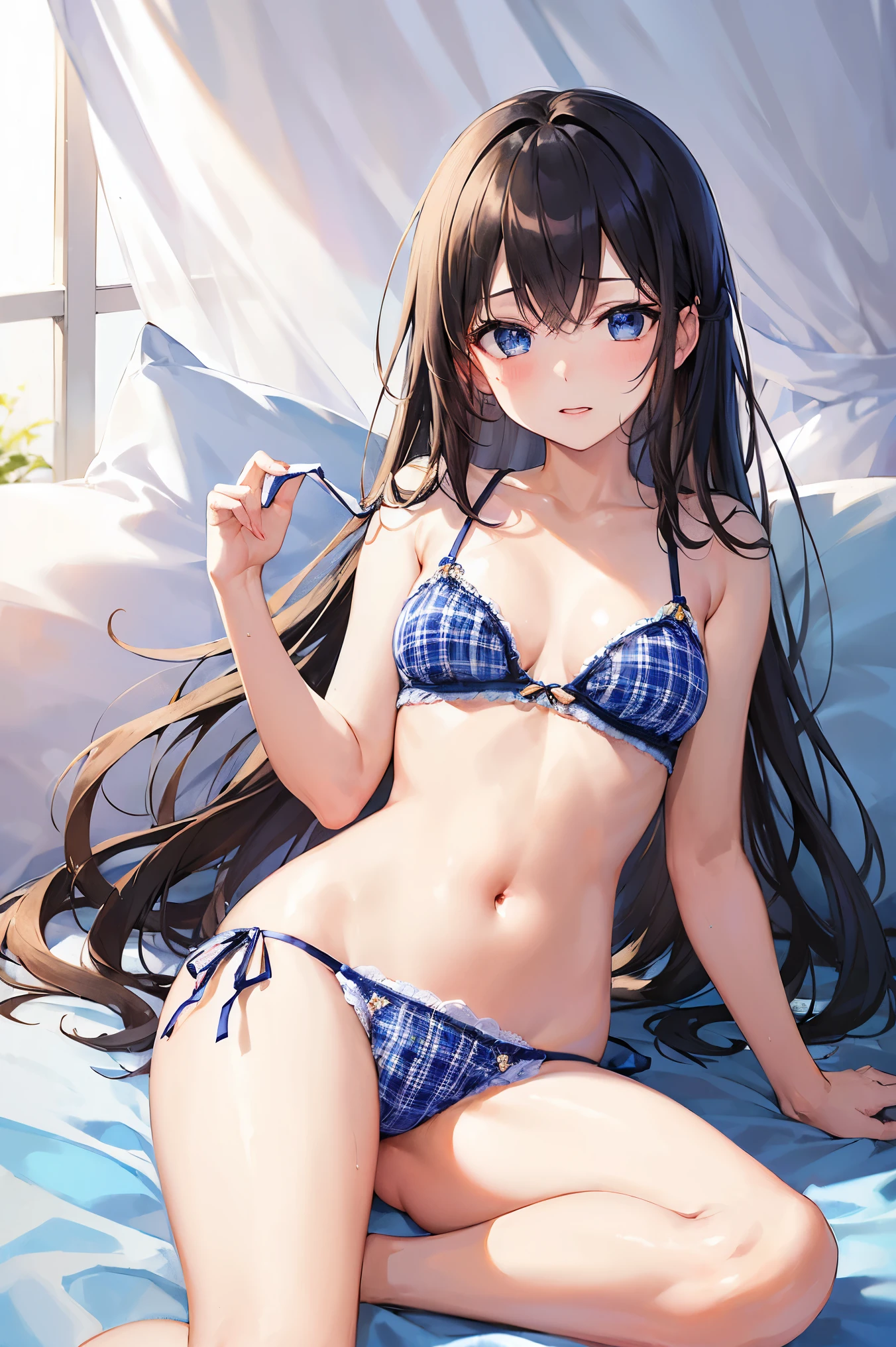 (((masterpiece、Highest quality、High resolution、sunlight、delicate)))Long black hair、Blue Eyes、coastal、Beach、Naughty look、White and blue plaid bra、White and blue plaid panties、Bend your legs、Woman's face、Hot Face、A slightly troubled look、Sweaty skin、blue sky、squat、Spread your legs、Underwear is visible、Embarrassing、Side Ponytail、Scrunchie