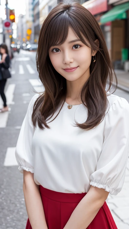 Highest quality、8k wallpaper、Reality:1.4、Cinema Lighting、View your viewers、background:City street corner、1 beautiful girl、Japanese Idol、30 years old、Beautifully detailed eyes、Detailed face、Beautiful Skin、Slender、Slim waist、Thin legs、Fancy hairstyle:1.3、The sunlight hits her hair and it shines golden、Light Hair、Asymmetrical bangs、White blouse、White mini skirt、Red jacket、smile:1.2