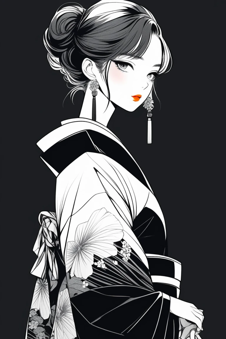 (best quality, sketch:1.2),realistic,illustrator,anime,1 girl, detailed lips, kimono,custom, neon gradient, dark background,neon hair,textured cropping, masterpiece, style retro classic, noir style , Japanese style, ((monochrome))