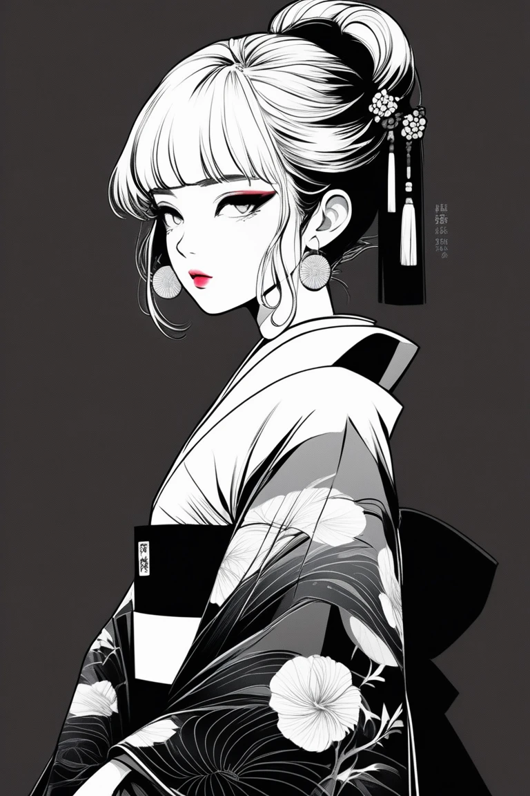 (best quality, sketch:1.2),realistic,illustrator,anime,1 girl, detailed lips, kimono,custom, neon gradient, dark background,neon hair,textured cropping, masterpiece, style retro classic, noir style , Japanese style, ((monochrome))