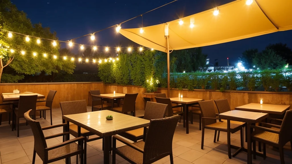 Terrace seats, A lot of people, night, bright, cooking, liquor, In town, garden,