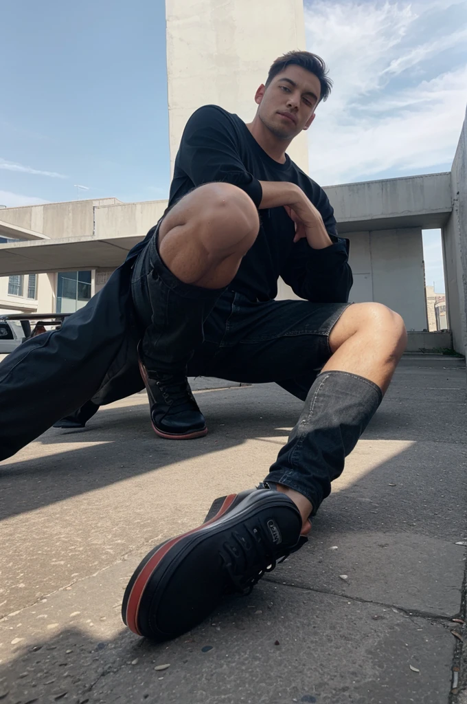 Photo of man, own shoes , the angle is from top to bottom