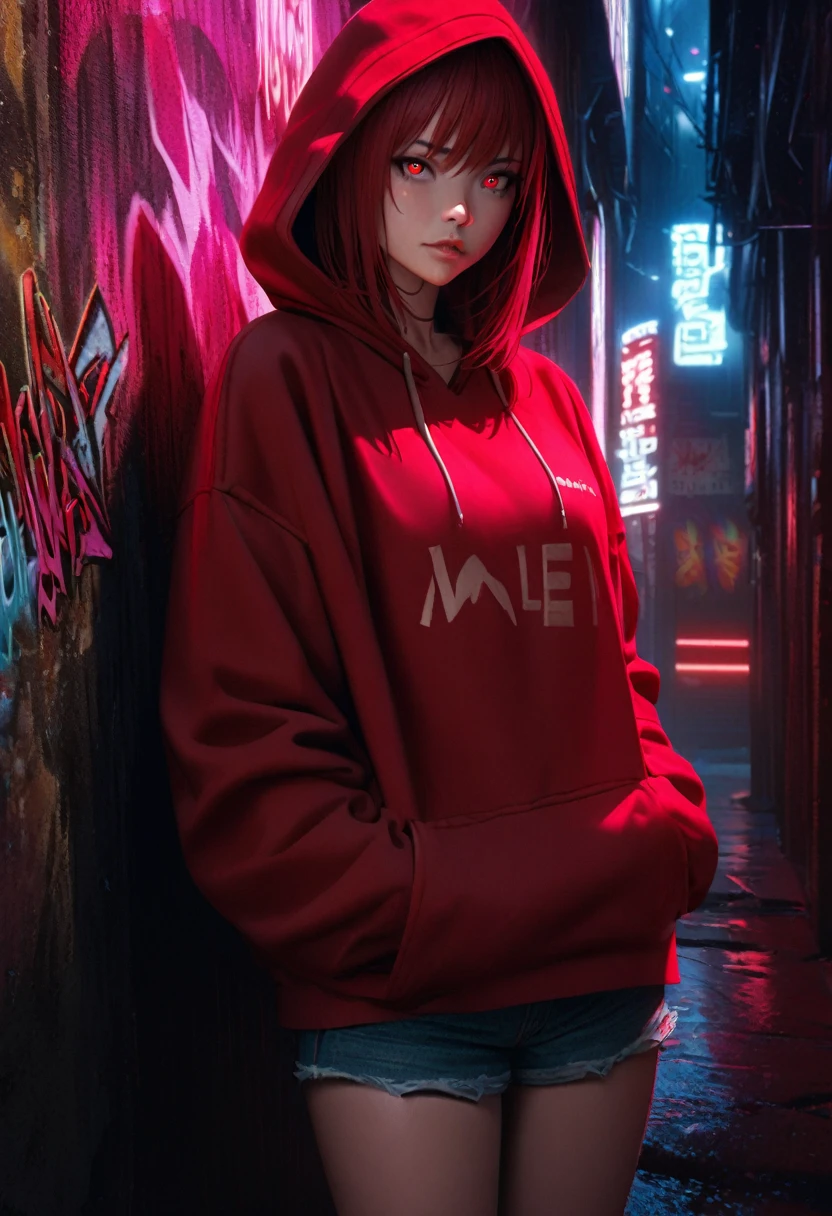 1girl, red hair, red pupils, red hoodie, wearing the hood, jean shorts, dark alley background, japanese graffiti background, red led background, detailed face, high quality, 8k, photorealistic, dramatic lighting, cinematic, neon lights, moody atmosphere, cyberpunk aesthetic, hyper-detailed