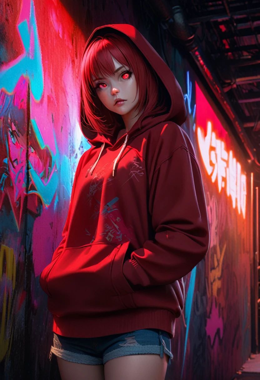 1girl, red hair, red pupils, red hoodie, wearing the hood, jean shorts, dark alley background, japanese graffiti background, red led background, detailed face, high quality, 8k, photorealistic, dramatic lighting, cinematic, neon lights, moody atmosphere, cyberpunk aesthetic, hyper-detailed