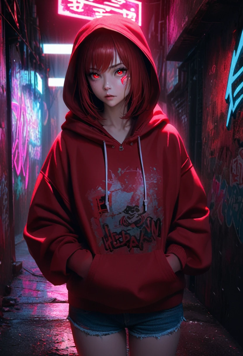 1girl, red hair, red pupils, red hoodie, wearing the hood, jean shorts, dark alley background, japanese graffiti background, red led background, detailed face, high quality, 8k, photorealistic, dramatic lighting, cinematic, neon lights, moody atmosphere, cyberpunk aesthetic, hyper-detailed