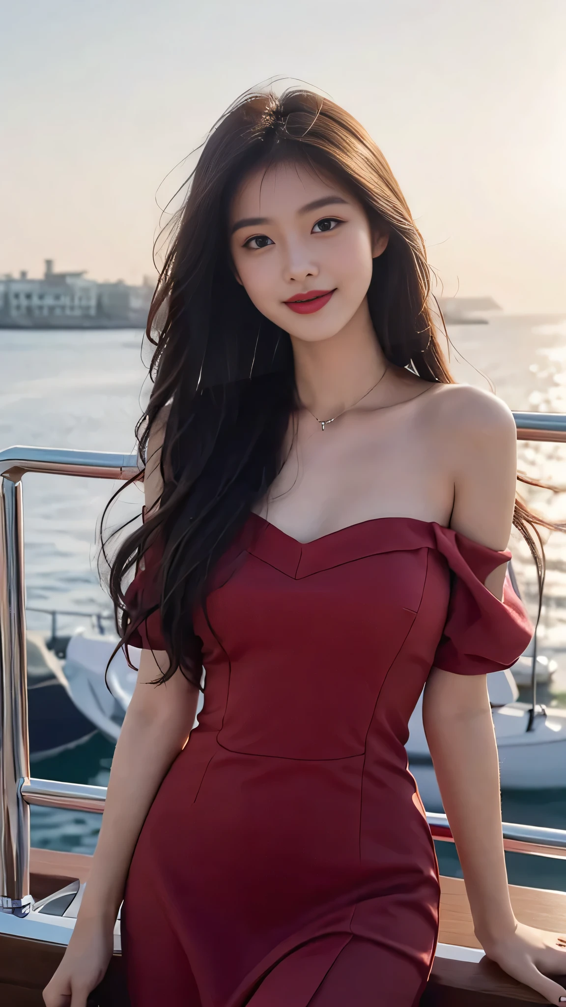 A sweet girl by the yatch luxury at the sea，voluminous hair，Delicate face，Photorealsitic，of a real，largeaperture，wears a red dress luxury，A cropped dress，Off-the-shoulder，A dress around the neck，Slim，smiles，Ultra-high resolution, Blurred background