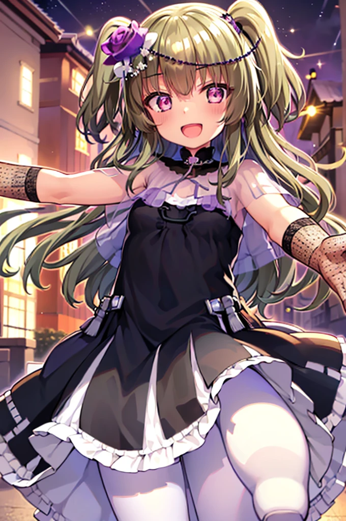 Himari Mei, masterpiece, loli, cute, flat chest, cute and shy smile, highly detailed sparkling brilliant purple eyes, open mouth slightly, standing in summer night,black dress, perfect body, detailed hands, detailed fireworks in the sky, outstretched arms for viewer, full body, five straight fingers