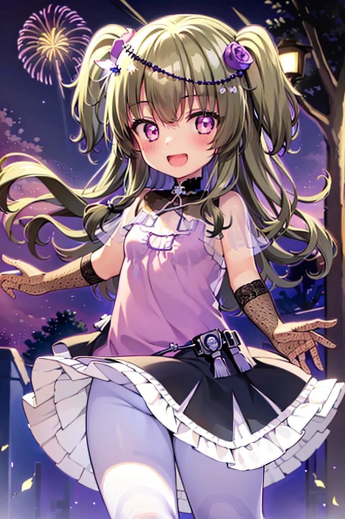 Himari Mei, masterpiece, loli, cute, flat chest, cute and shy smile, highly detailed sparkling brilliant purple eyes, open mouth slightly, standing in summer night,black dress, perfect body, detailed hands, detailed fireworks in the sky, outstretched arms for viewer, full body, five straight fingers