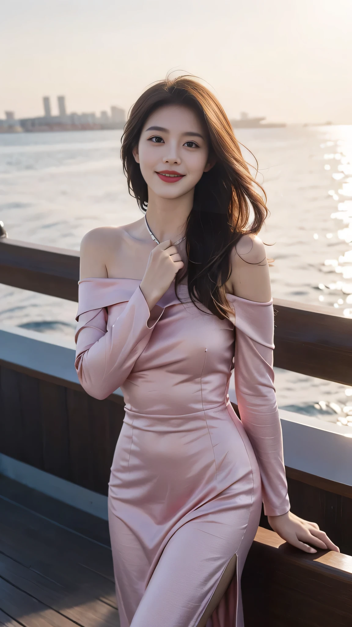 A sweet girl by the yatch luxury at the sea,voluminous hair,Delicate face,Photorealsitic,of a real,largeaperture,wears a red dress luxury,A cropped dress,Off-the-shoulder,A dress around the neck,Slim,smiles,Ultra-high resolution, Blurred background