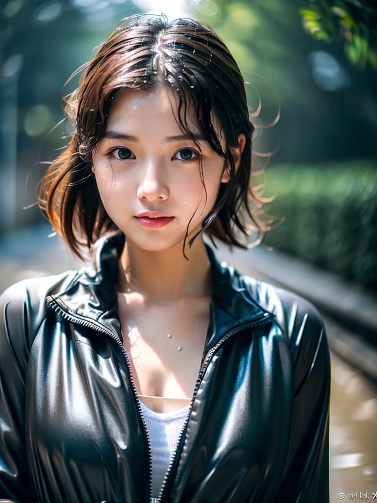 Wet roads ,drenched, Dripping, Wet Face,Wet clothes, Wet Skin, Wet Hair,A young woman with a cute face like an idol,chest,((Daytime)),(Natural light),(High level of artistry),(Artistic),RAW Photos,Genuine,Genuine,High resolution,RAW Photos,masterpiece, beautiful