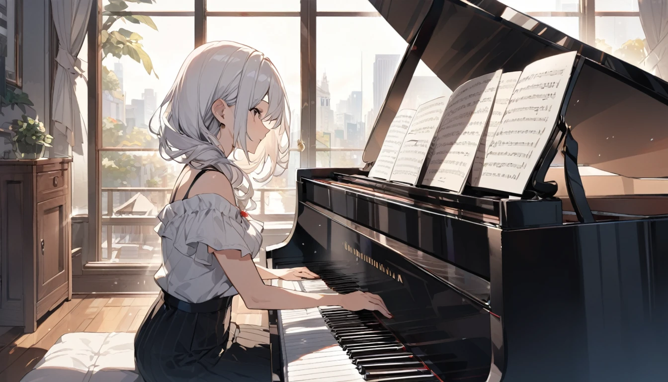 Girl playing piano,Long white hair,In front of a large window,It's raining outside