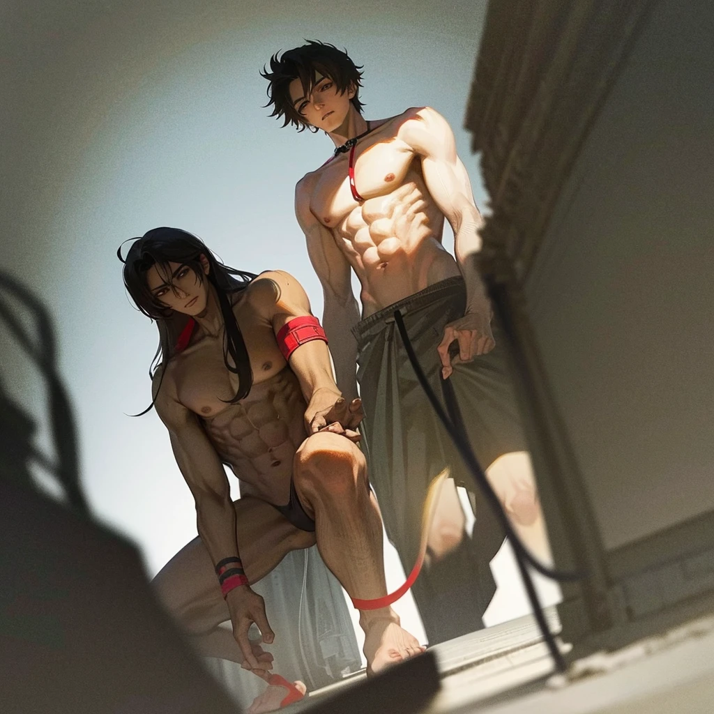 anime style, 25 years old, Brown skinned man, yandere look, yandere expression, Black hair, half of his body exposed, our point of view is crouching and looking at him from below, he looks down, he holds the leash, stands looking at us, top less, abs