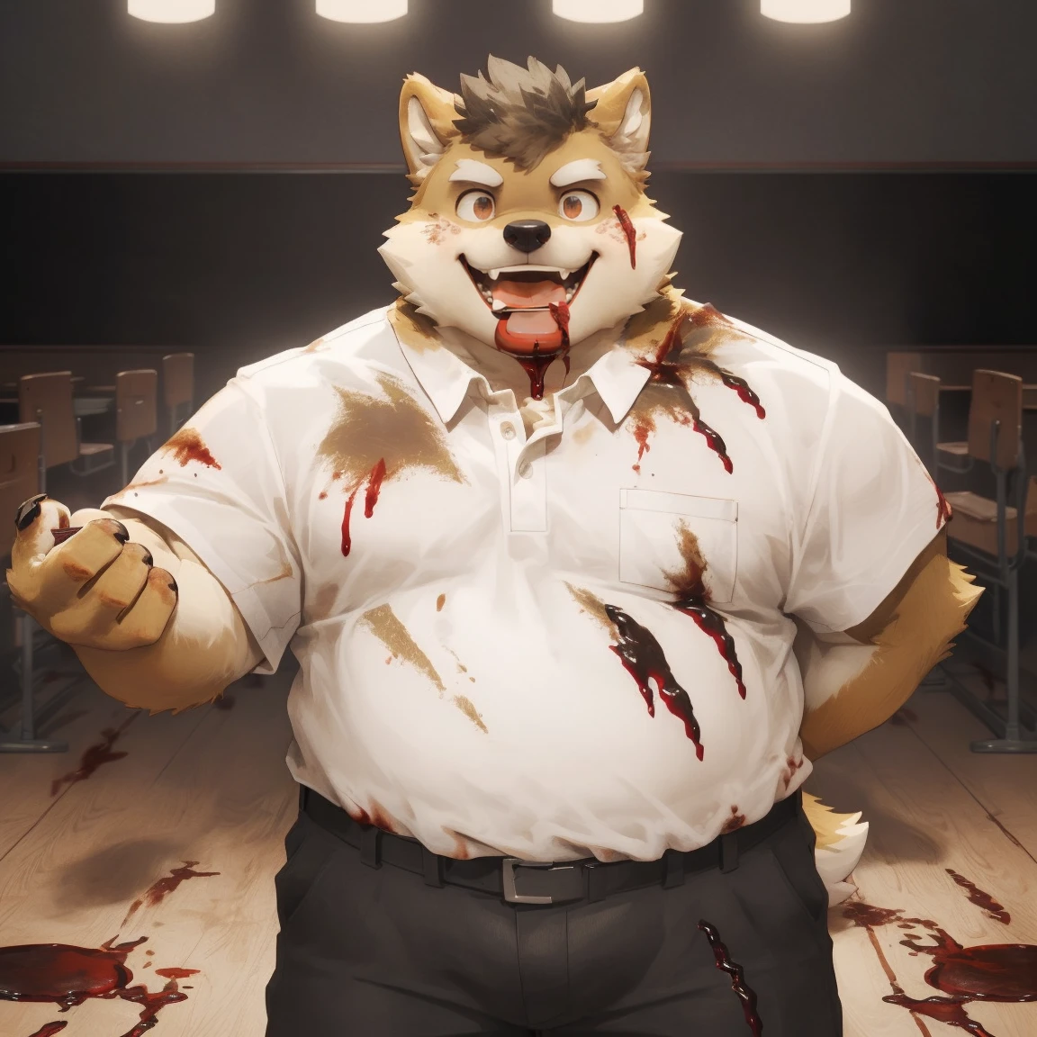 masterpiece, best quality, 8k resolution, Very detailed, hairy，Shiba Inu，(Black hair)，(((golden fur)))，(((Blood red eyes)))，Chubby，Chubby face，(((White shirt)))，(((Loose shirt)))，((Black pants))，(((For the audience)))，Highest quality scene，(((Solitary)))，(((solitary)))，portrait，((Hand drooping normally))，((night))，((bloody))，(((Facing the audience)))，(((The eyes are empty)))，(((Round face)))，(((Smiling evilly)))，(((Blood all over)))，(((Standing)))，(((classroom)))，(((dark)))