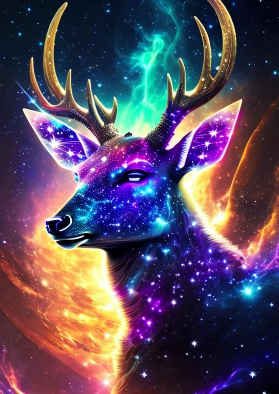 dreamlikeart, galaxy, outer space, nebula, star, [cyberpunked] Star deer from the stars. (star:1.5),