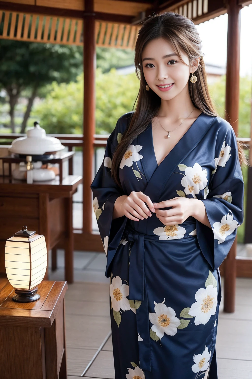 Highest quality,8K, Detailed facial depiction, Detailed description of the eyes,One Woman, Light brown hair(Medium-long hair),Beautiful Japanese Girl,24-years-old,Cute eyes,Cute Smile,Yukata beauty,Navy blue checkered yukata,Slender body, Large, plump breast size, Long and beautiful legs,Smiling, Colorful earrings,necklace,Are standing,Beautiful nape,Japanese Summer Festivals,There are food stalls,Cute pose