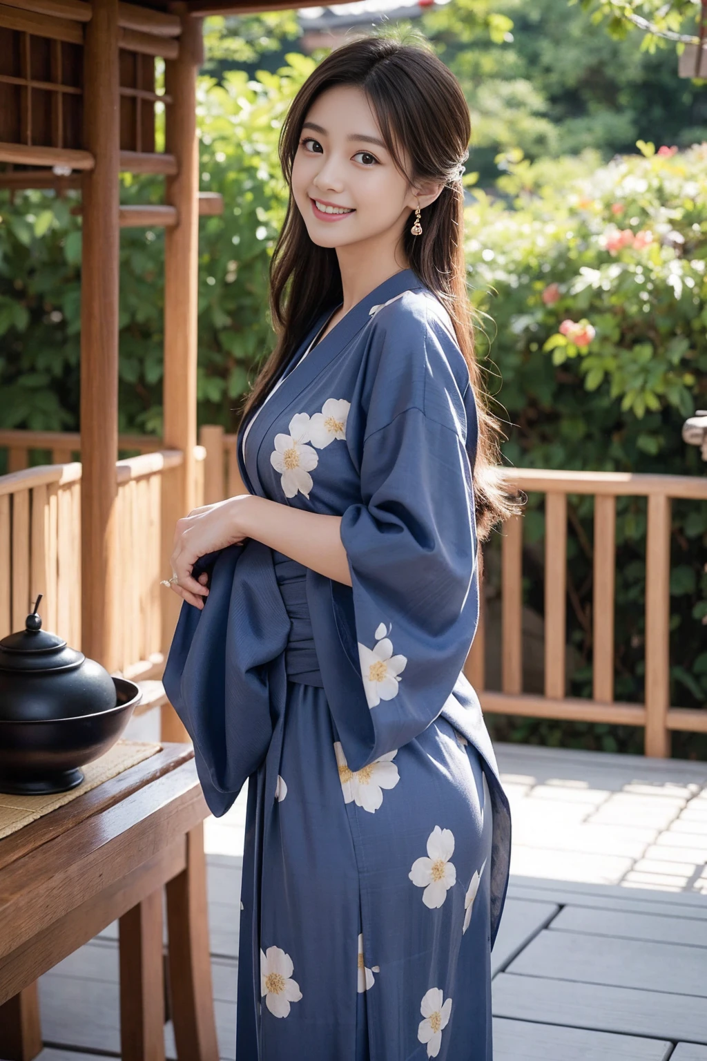 Highest quality,8K, Detailed facial depiction, Detailed description of the eyes,One Woman, Light brown hair(Medium-long hair),Beautiful Japanese Girl,24-years-old,Cute eyes,Cute Smile,Yukata beauty,Navy blue checkered yukata,Slender body, Large, plump breast size, Long and beautiful legs,Smiling, Colorful earrings,necklace,Are standing,Beautiful nape,Japanese Summer Festivals,There are food stalls,Cute pose