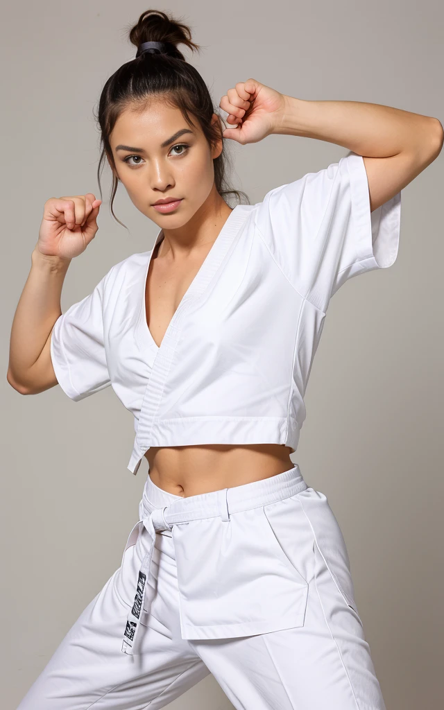 there is a woman in a karate outfit posing for a picture, in a fighting pose, fighting stance, karate pose, confident action pose, fighting pose, in a fighting stance, fighter pose, martial art pose, fighting posture, doing martial arts, wearing a white gi, she is ready to fight, fight pose, in an action pose, posing ready for a fight