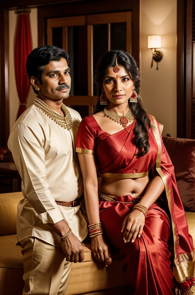 Generate an image of a 40-year-old Indian couple in a traditional setting. The woman is sitting on a sofa, wearing a traditional red saree, complete with matching jewelry and accessories. Her husband is standing beside her, dressed in a neatly pressed shirt and pants. The background should reflect a cozy living room ambiance, typical of Indian households, with warm lighting that highlights the couple's attire and expressions."