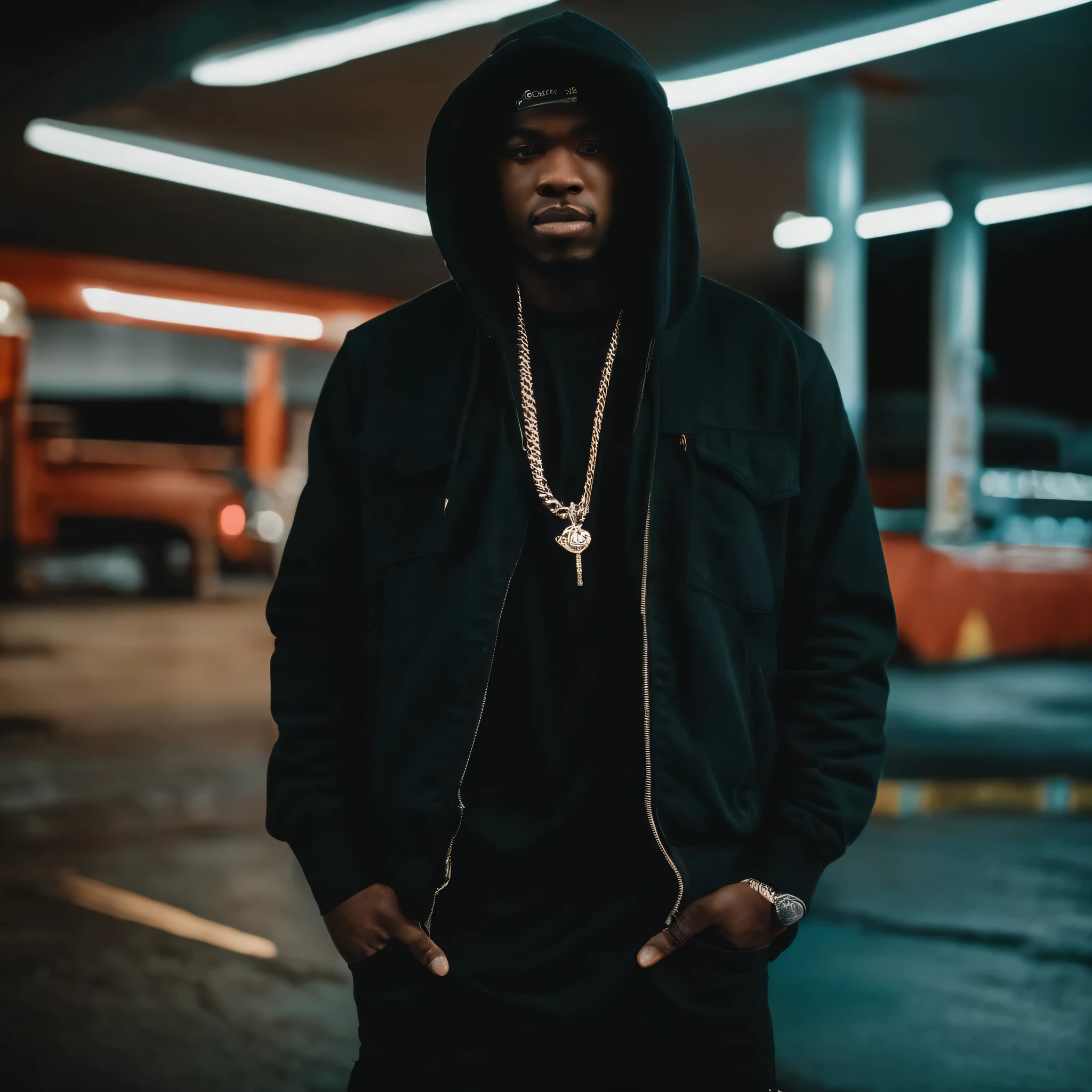 Hip hop guy, wearing a shiesty at a gas station full body shot wearing all black in a hoodie and baggy jeans ultra realistic shot on kodak or nikon