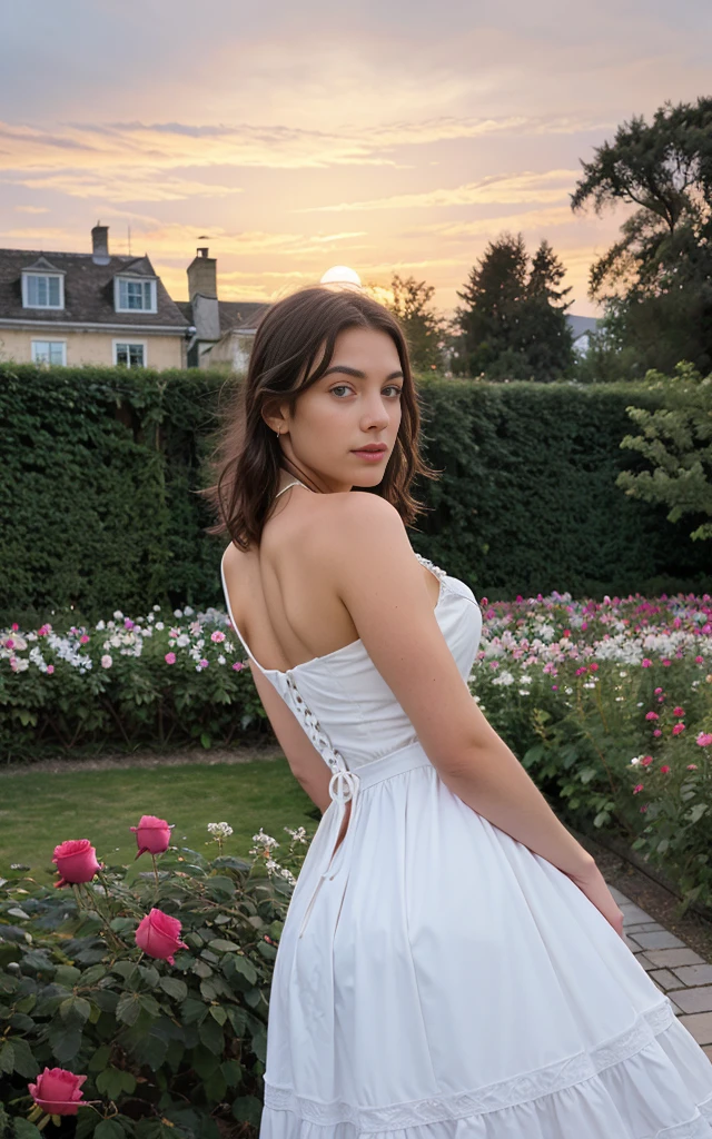 Pure and cute student model, the sky is a magnificent sunset, In front of it is a row of white fences, Monet's garden, the fence is covered with delicate roses, The colors of roses are colorful, The whole picture is romantic, realistic, high detail, realism, chromatic aberration, chiaroscuro, , , Award-winning photos, Unreal Engine 5, cinematic smooth,