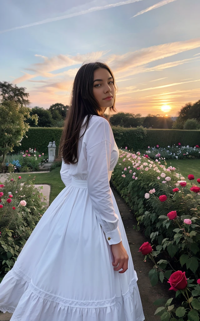 Pure and cute student model, the sky is a magnificent sunset, In front of it is a row of white fences, Monet's garden, the fence is covered with delicate roses, The colors of roses are colorful, The whole picture is romantic, realistic, high detail, realism, chromatic aberration, chiaroscuro, , , Award-winning photos, Unreal Engine 5, cinematic smooth,