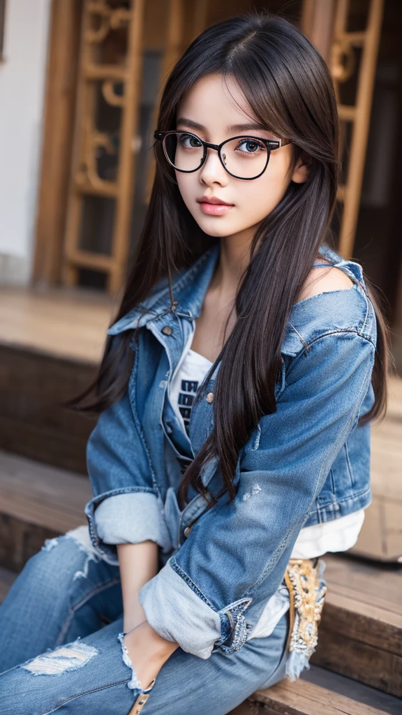 a cute Chinese girl wearing ripped blue jeans with a belt, wearing glasses, beautiful detailed eyes, beautiful detailed lips, extremely detailed face and skin